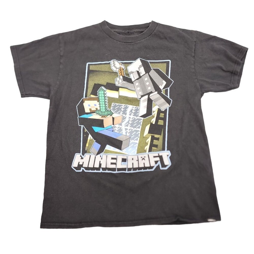Boys Kids Minecraft Jinx Medium Black T-Shirt Steve & Vindicator Fighting Tee